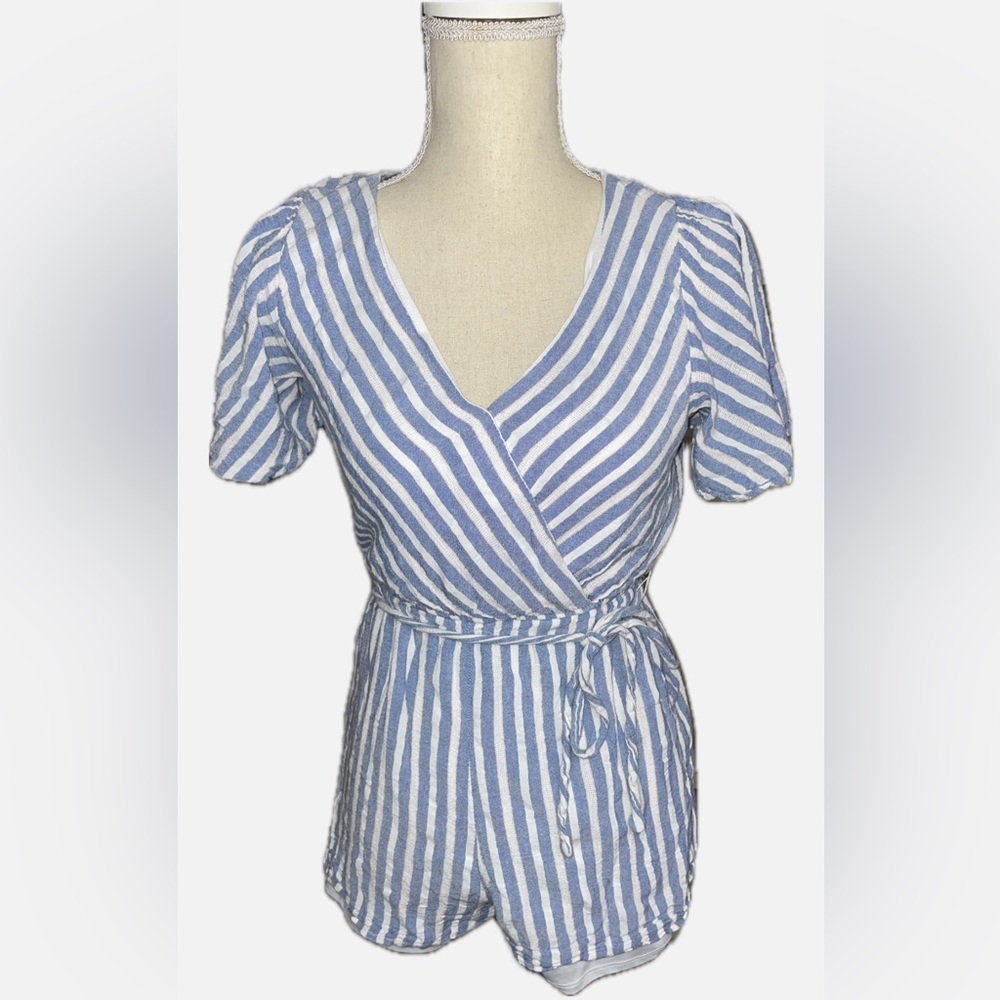Blue and White Striped Wrap romper-EUC